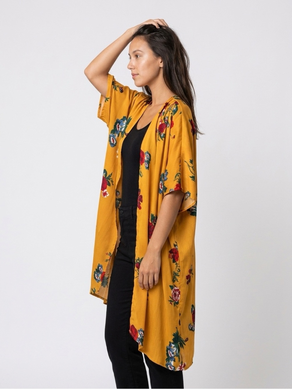 Mustard Floral Open-Front Kimono Shrug- Unbranded
